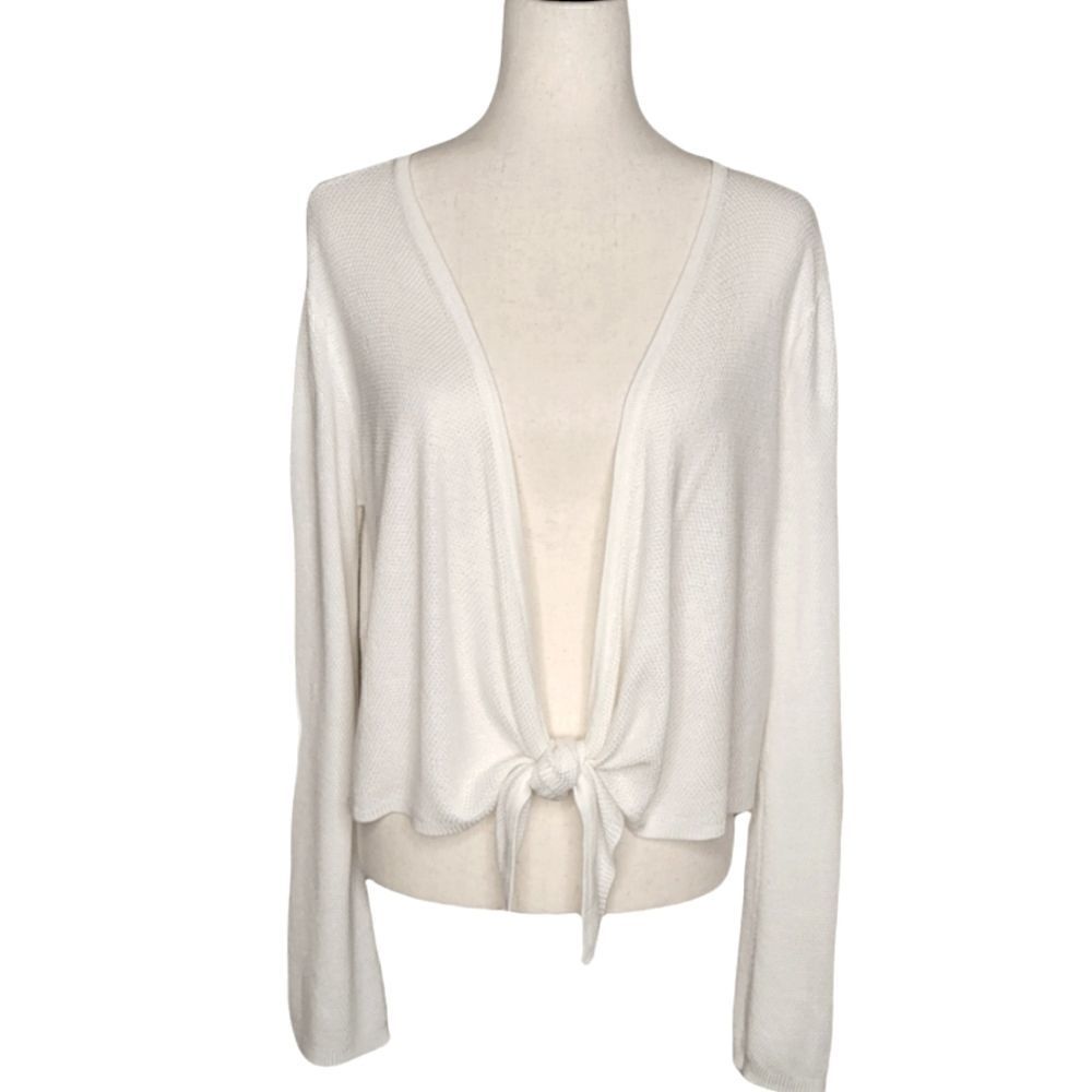 No Comment White Tie Bell Sleeve Cropped Textured Sweater Size XXL